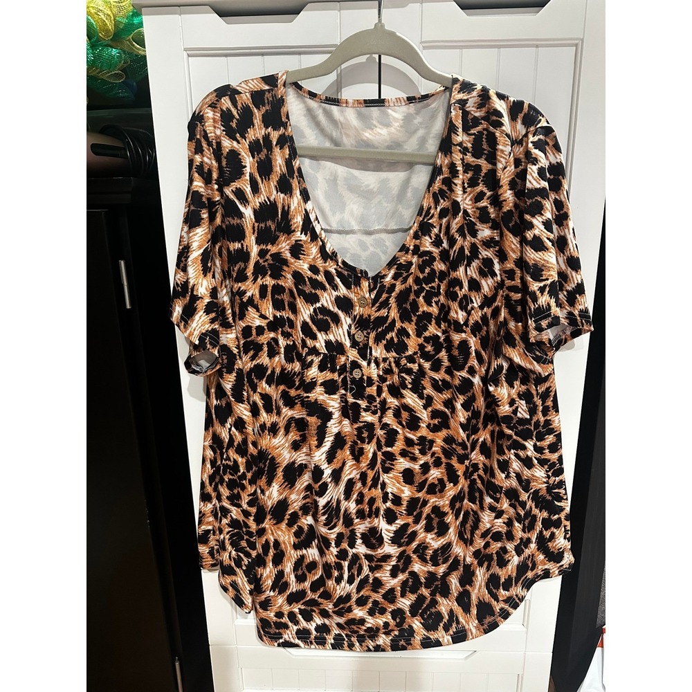 Womens Plus Size 4XL Leopard Print Short Sleeve Button Front Blouse Top Brown